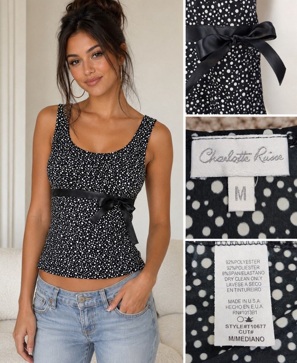 Y2K Indie Sleaze Charlotte Russe Polka Dot Tie Waist Tank Top Size M Black White